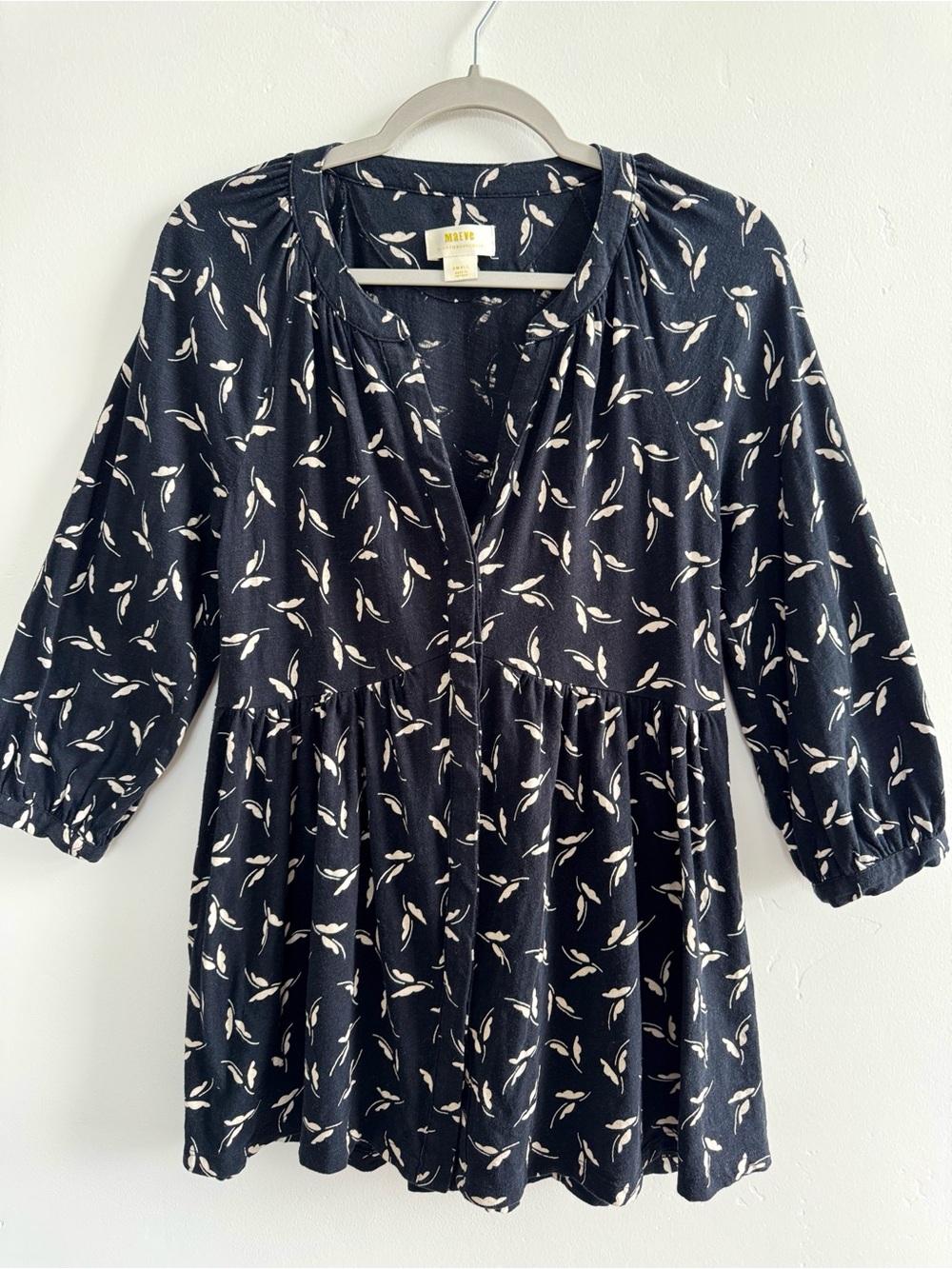 Maeve by Anthropologie Black & White Print Babydoll Tunic Top S Boho Cottagecore